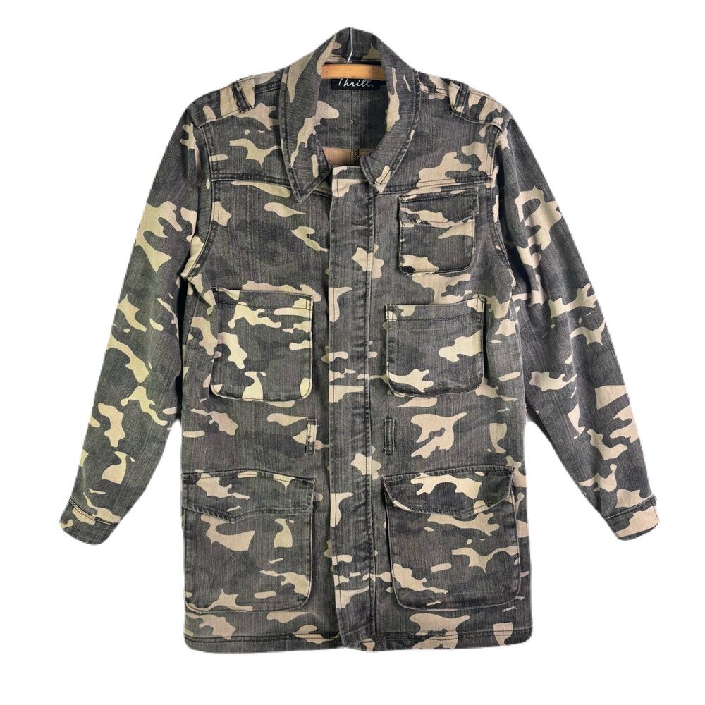 THRILL Camo Denim Long Jacket Womens Size L